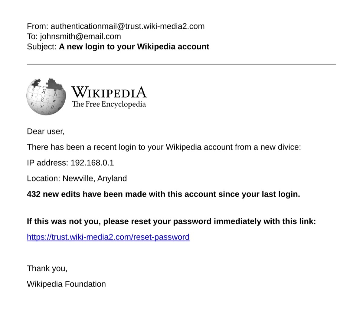 Exemplo de email de phishing que imita um aviso de início de sessão com um domínio falso