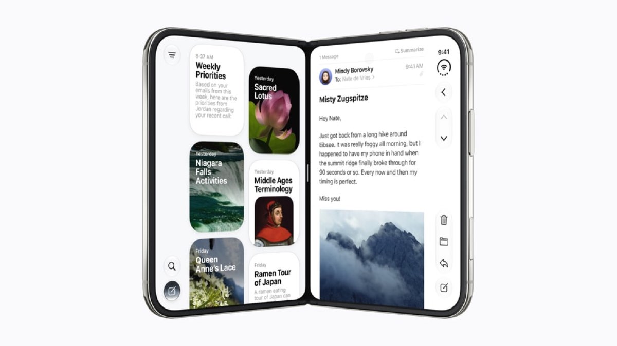 iPhone Duo aberto com duas aplicações lado a lado