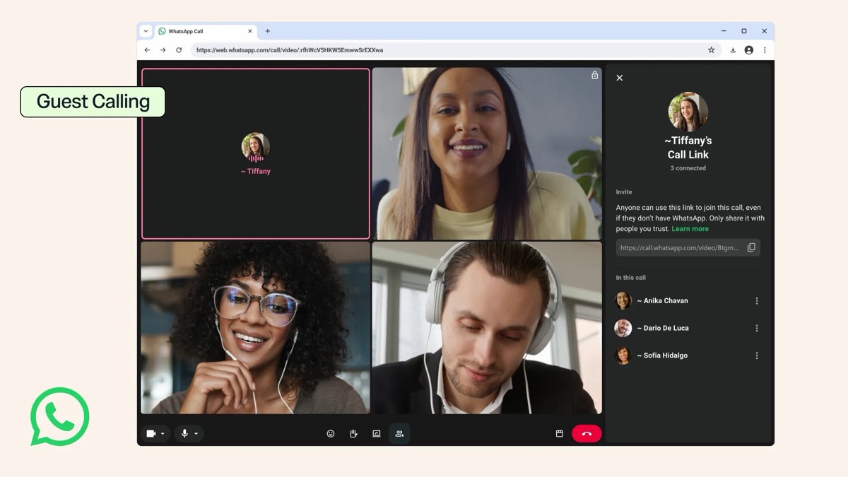 Videochamada do WhatsApp aberta no browser com convidados sem conta