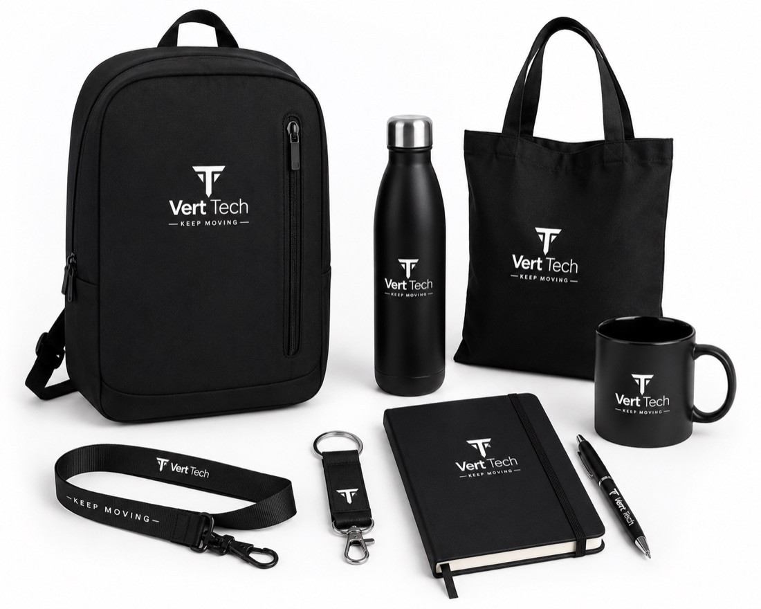 Kit Completo Vert Tech — mochila, garrafa, tote, caneca, caderno, caneta, lanyard e porta-chaves